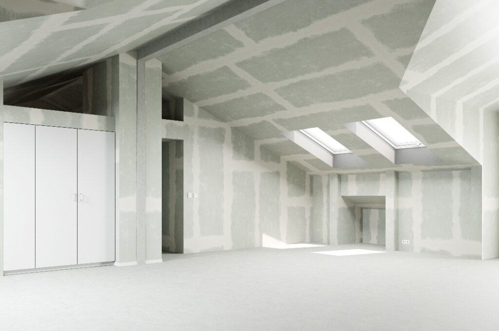 Gespachtelter Trockenbau in Dachgeschoss Loft